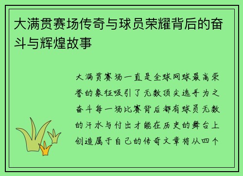 大满贯赛场传奇与球员荣耀背后的奋斗与辉煌故事